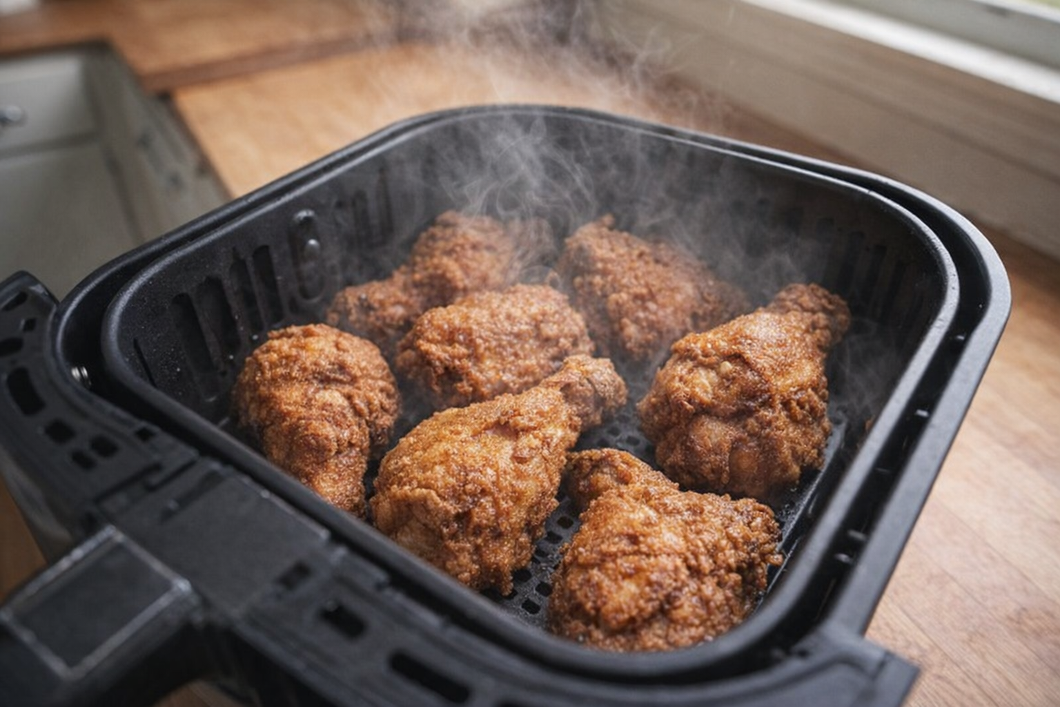 An overhead shot of fried chicken being reheated in an air fryer, golden brown color, steam rising slightly, well-lit kitchen